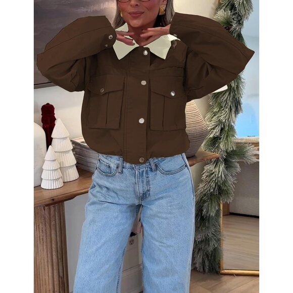 Women Coffee Cropped Utility Cargo Coat Contrast Collar Barn Outwear - Picture 6 of 6